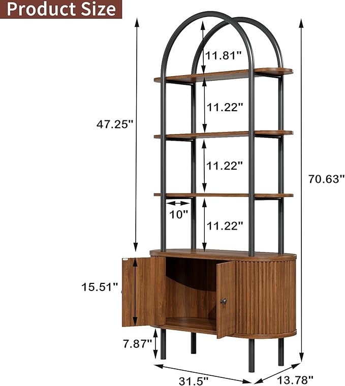 71" Tall Bookshelf, Bookcase, 4-Tier Book Shelf with Storage Cabinet, Curved Metal Frame Bookcase, Freestanding Industrial Storage Display Shelving for Living Room Office Bedroom, Walnut