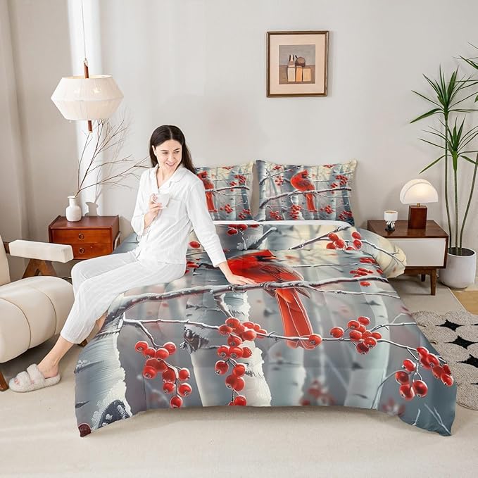 jejeloiu Kids Red Cardinal Comforter Set Queen Size Christmas Theme Bedding Set for Boys Girls Teens Xmas Birds Winter Rustic Country Farm Animal Duvet Quilt Room Decor