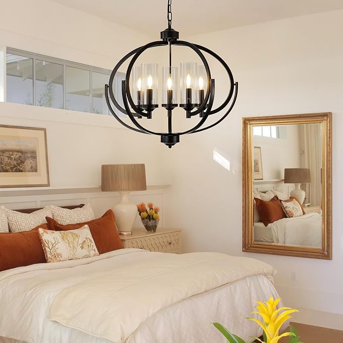 WJShome Farmhouse Black Chandelier for Dining Room, 5-Light Modern Foyer Lighting Fixtures, Adjustable Height Hanging Lantern Pendant Light with Glass Shade, for Kitchen Island Hallway Entryway