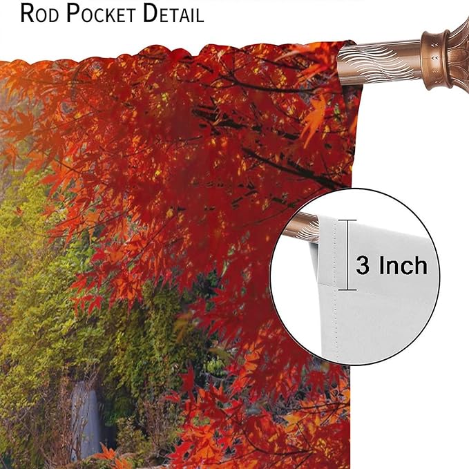 Forest Waterfall Blackout Windows Curtains, Autumn Red Green Maple Leaves Jungle Rainforest Natural Scenery Landscape Curtains, for Living Room Bedroom 63x63in 2 Panels