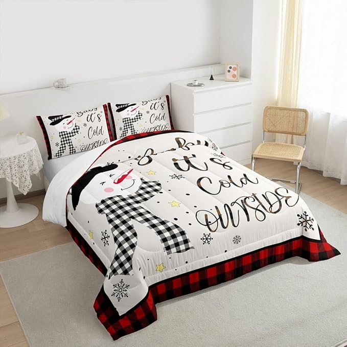 Kids Christmas Snowman Comforter Set Full Size,Snowflake Winter Bedding Set,Girls Boys Adults Xmas Decor,Geometric Grids Lattices Patch Down Comforter,Red Rustic Vintage Duvet Insert,2 Pillowcases