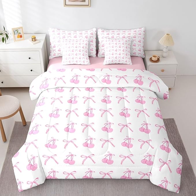 7 Pieces Cherry Bowknot Kid Comforter Set King,Pink Bow Tie Butterfly Knot Princess Bedding Set,Cartoon Bow Patchwork Dreamy Sweet（Comforter+Fitted+Flat Sheet+2 Pillowcases+2 Throw Pillow Covers）