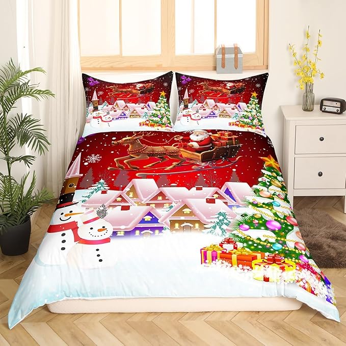 Manfei Christmas Duvet Cover Set Full Size, Snowman Xmas Tree Bedding Set for Kids Boys Girls, Santa Claus with Reindeer Comforter Cover New Year Theme Quilt Cover with 2 Pillowcases, No Comforter