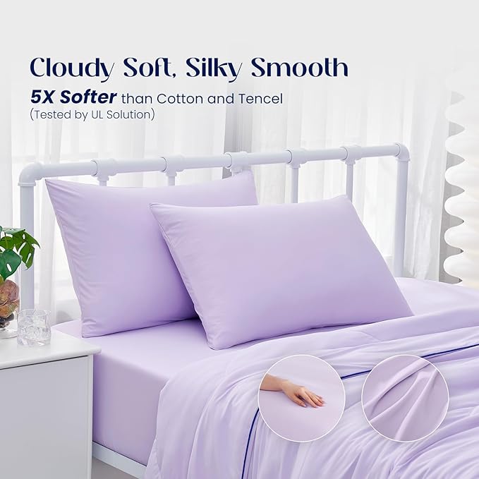Dream Valley® Twin Sheets Set, Cooling Fitted Sheet with 1 Pillowcase-2 PCS with No Flat Sheet,Q-Max > 0.4 Aerocool, Cooling for Night Sweats, Hot Sleepers,deep Pocket up to 15",Lavender Fog