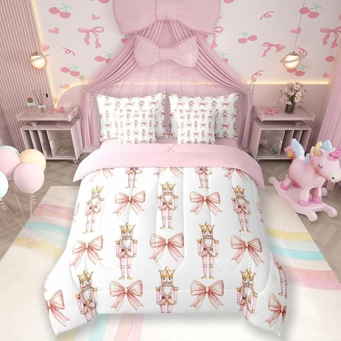 7 Pieces Cartoon Nutcracker Kids Comforter Set Full,Pink Bowknot Romantic Princess Bedding Set,Ballet Merry Christmas Bow Tie Dreamy（Comforter+Fitted+Flat Sheet+2 Pillowcases+2 Throw Pillow Covers）