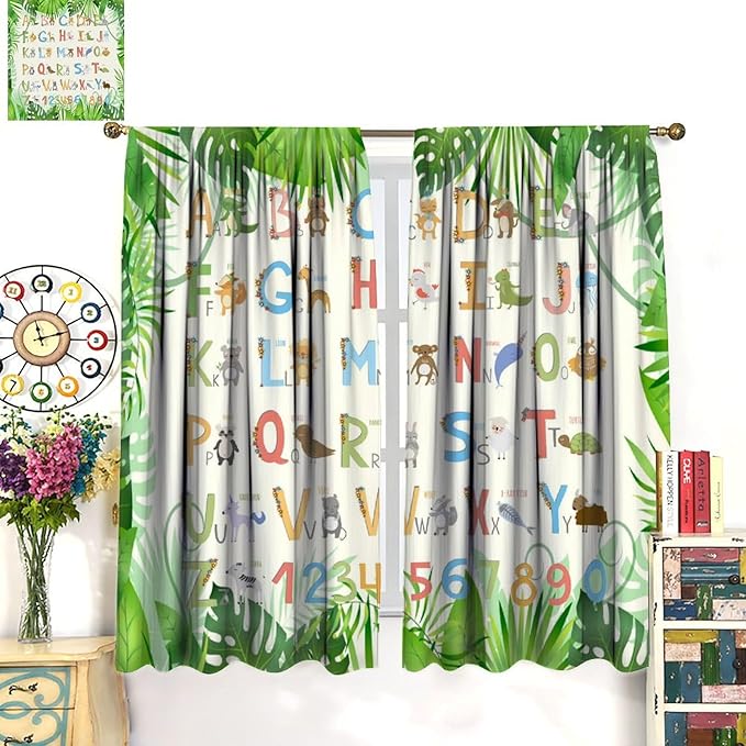 Kids Animal Alphabet Curtain Tropical Plant Alphabet Educational Printed Rod Pocket Blackout Window Drapes for Bedroom Living Room Nursery School 63" W X 63" L
