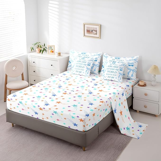 7 Pieces Blue Bowknot Kids Comforter Set Queen,Cherry Tropical Fruit Cartoon Princess Bedding Set,Bow Tie Stars Daisy Cute Blue Dreamy（Comforter+Fitted+Flat Sheet+2 Pillowcases+2 Throw Pillow Covers）
