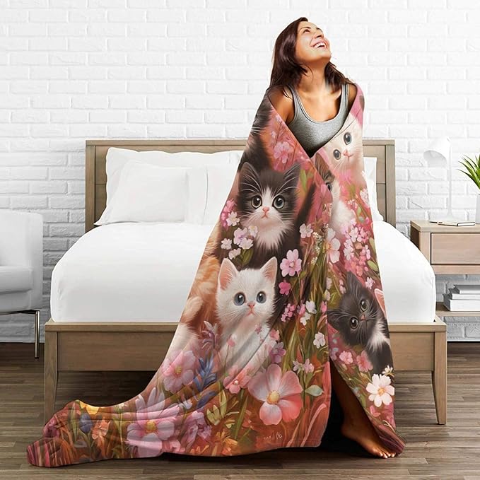 Pink Cat Themed Blanket Funny Cats Throws Pet Animal Print Plush Fuzzy Fleece Blankets Gifts for Girls Boys Lovers Super Soft Warm Cozy Butterfly Flower Stuff for Kids Women Bed Sofa Bedding 50"x40"