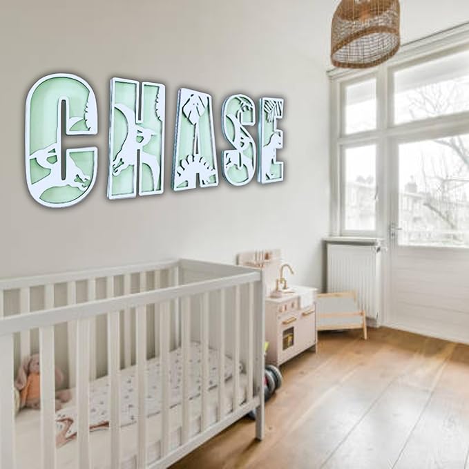 Personalized Wooden Name Sign - Custom Baby Name Signs for Nursery & Kids Room, Baby Announcement Sign, Wall Name Signs Personalized, Round Wooden Letters for Nursery Decor (Dinosaur 3D)
