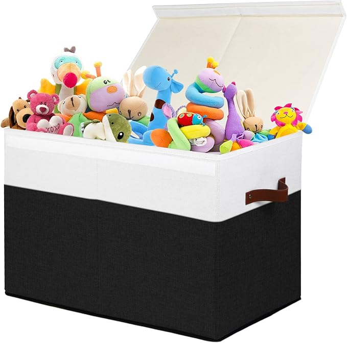 Large Toy Storage Box with Lid, Sturdy Toys Storage Chest Bin Organizer Basket with Dividers for Kids, Boys, Girls, Nursery, Closet, Bedroom, Playroom 25"x13" x16" (Black and White)