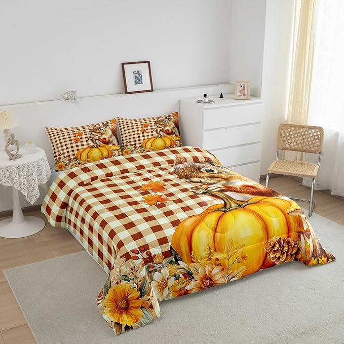 Castle Fairy Squirrel Pumpkin Flower Twin Size Comforter Set,Autumn Harvest Thanksgiving Quilt Set Soft Bed Collection,Vintage Yellow Geometric Grid Bedding Comforter for Boys Girls Room Decor,2 Pcs