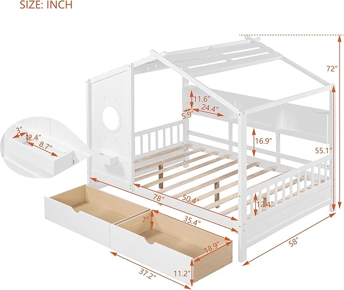 Full Size House Bed with 2 Drawers and Storage Shelf, Playhouse Design Solid Wood Kids Platform Bed Frame for Girls Boys, Decorable Daybed with Sturdy Slats Support, Space-Saving (AF-White)