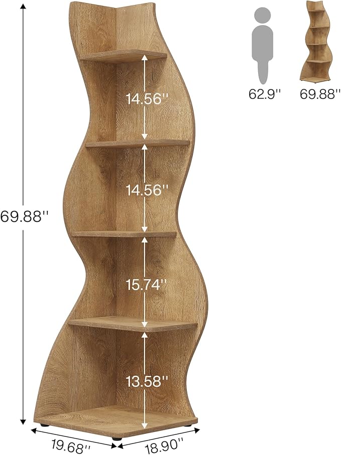 Tribesigns Corner Shelf, Modern 5-Tier Wall Corner Bookshelf, Stylish Corner Small Bookcase Storage Rack Plant Stand with Unique Shape for Living Room, Home Office (Light Brown, 1PC)