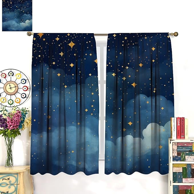 Night Sky Stars Curtain for Kids, Blue Starry Space Galaxy Pattern Window Treatments for Boys Girls Bedroom Toddlers Room Living Room 42" W X 45" L