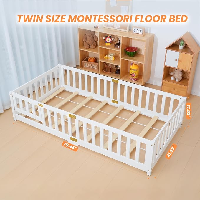NAIZEA Twin Floor Bed for Kids-Twin Montessori Bed Frame with Wood Slats and Door and Slats, Wood Toddler Floor Beds for Girls and Boys