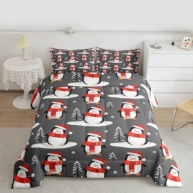 Feelyou Christmas Comforter Set All Season Penguin Bedding Set with 1 Pillow Cases Snowflake Microfiber Kids Toddler Bedclothes Pine Tree Bedroom Decor Duvet Quilt Breathable Soft Lightweight