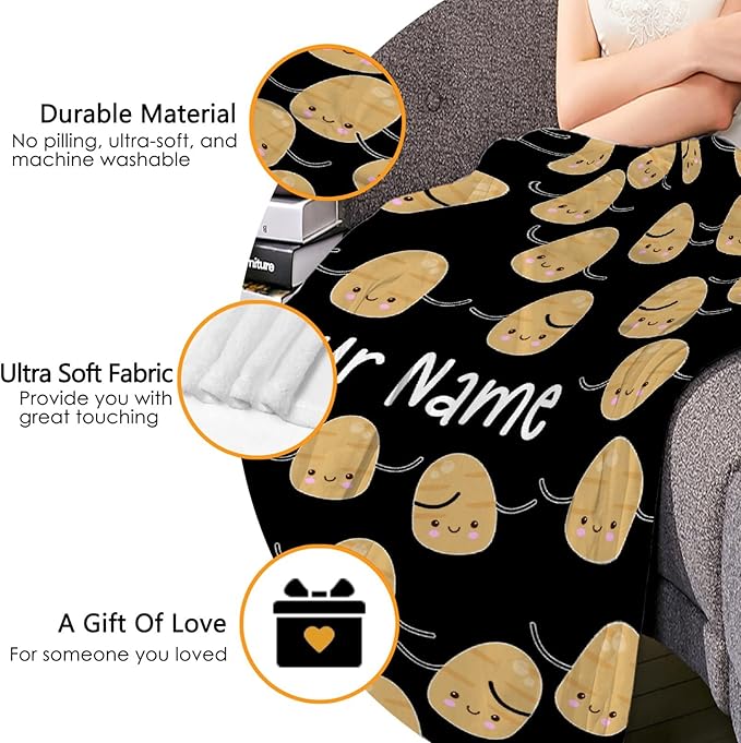 Custom Flannel Blanket with Text Cute Kawaii Potato with Name Customized Blankets Warm Unique Personalized Throw Souvenirs Gift of Love 80”×60” Large for Adult