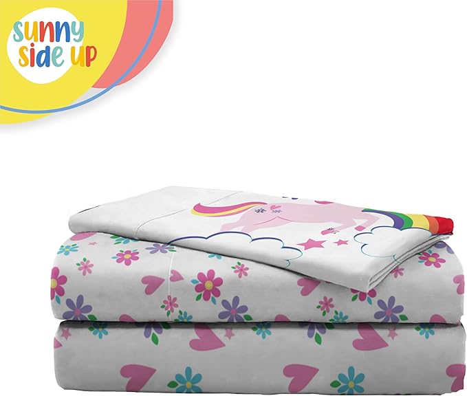 Sunny Side Up Rainbow Unicorns Toddler Sheet Set - 3 Piece Toddler Bedding Set Includes Pillow Cover - Super Soft Floral Hearts Microfiber Sheets