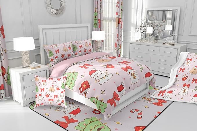 Feelyou Christmas Bedding Set Soft for Boys Girls, Cute Bow Comforter Set Toddler Size Cute Ghost Duvet Quilt Microfiber Coquette Bow Knot Bedroom Decor Candy Print 2 Pcs with 1 Pillow Cases