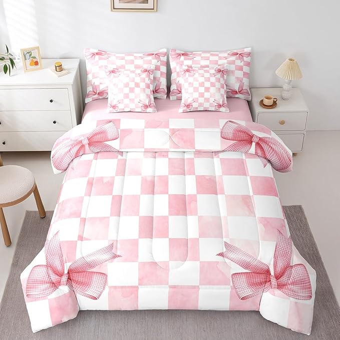 7 Pieces Pink Bowknot Kids Comforter King,Geometric Grid Checkered Patchwork Fashion Bedding Set,Bow Tie Knot Princess Chic Unique（Comforter+Fitted+Flat Sheet+2 Pillowcases+2 Throw Pillow Covers）