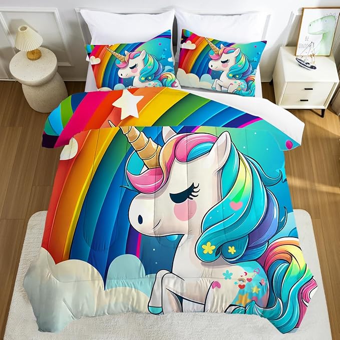Rainbow Unicorn Comforter Set Queen Size for Girls Kids Children Teens Boys Cartoon Unicorn Bedding Light Blue Quilt 1 Comforter + 2 Pillowcases