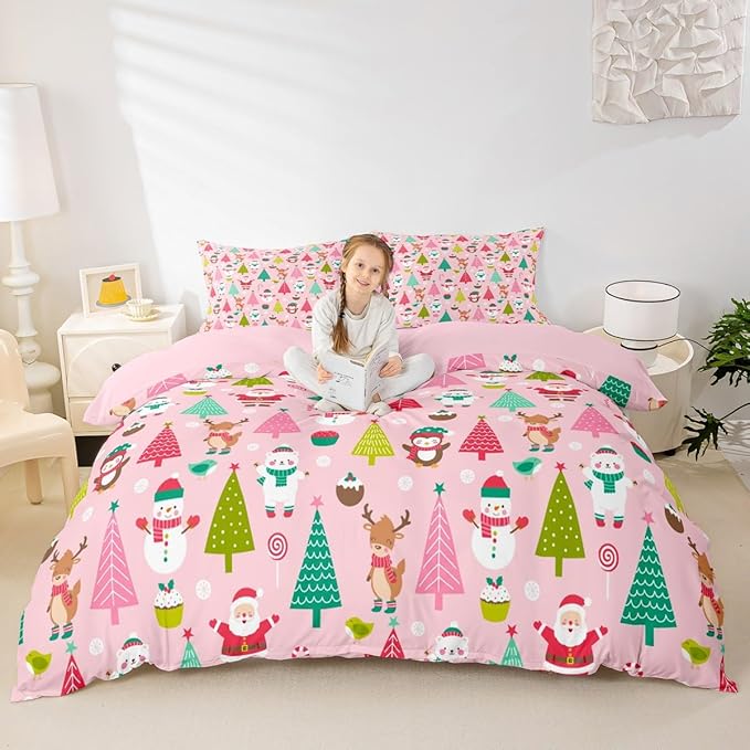 Christmas Bedding Set for Kids Boys Girls Cute Santa Claus Deer Comforter Cover Set Pink Christmas Tree Duvet Cover Bedroom Decor Kawaii Xmas Theme Bedspread Cover King Size Bedding Collection 3Pcs