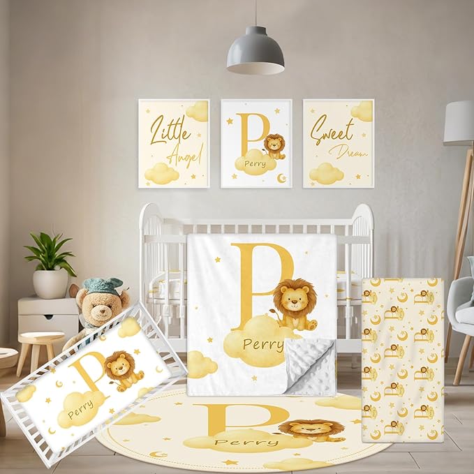 5 Piece Customized Crib Bedding Set for Boys & Girl- Custom Name Baby Crib Yellow Lion Nursery Bedding Set with Fitted Sheet, Soft Blanket, Rug, Personalized Gifts for Newborn Infant Toddler