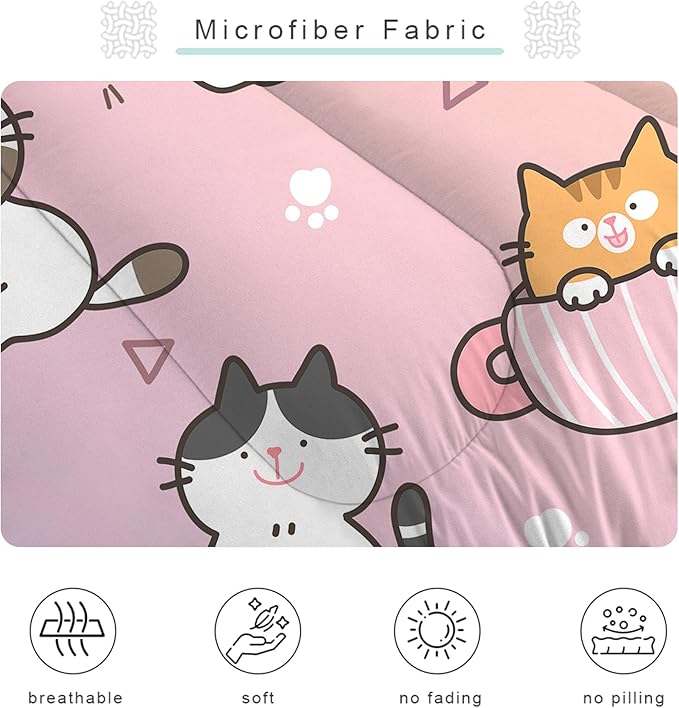 Girls Cat Comforter Set: Twin Size Cute Cats Bedding Set Cartoon Pet Kitten Rainbow Quilt for Kids Teens Boys Kawaii Gray White Kitty Bed Sets 1 Comforter & 1 Pillowcase