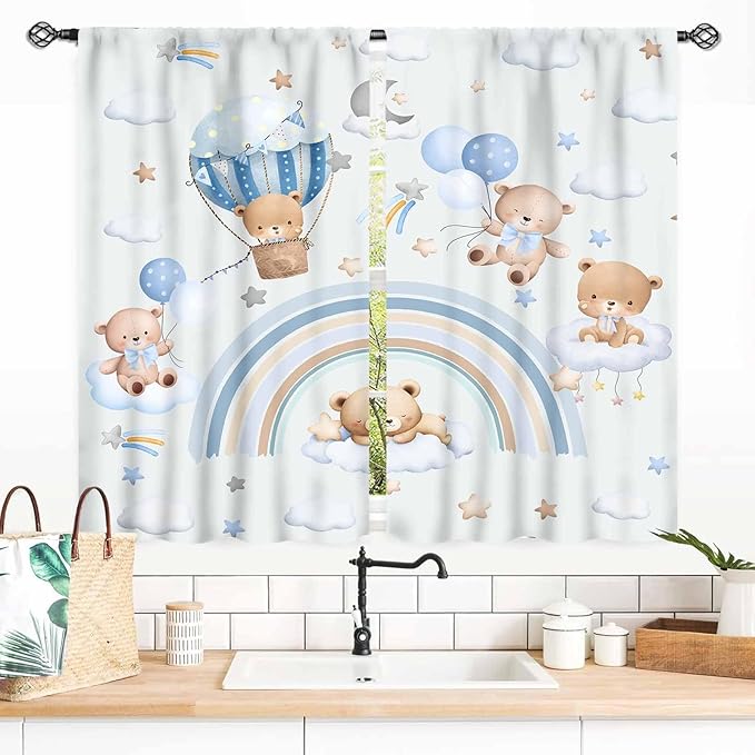 Bear Curtains for Kids Room, Baby Boys Girls Cute Lovely Bear Cloud Boho Rainbow Pastel Blue Window Drapery Treatments for Living Room Bedroom Nursey Toddler Classroom 2 Panels, 55x39 Inch