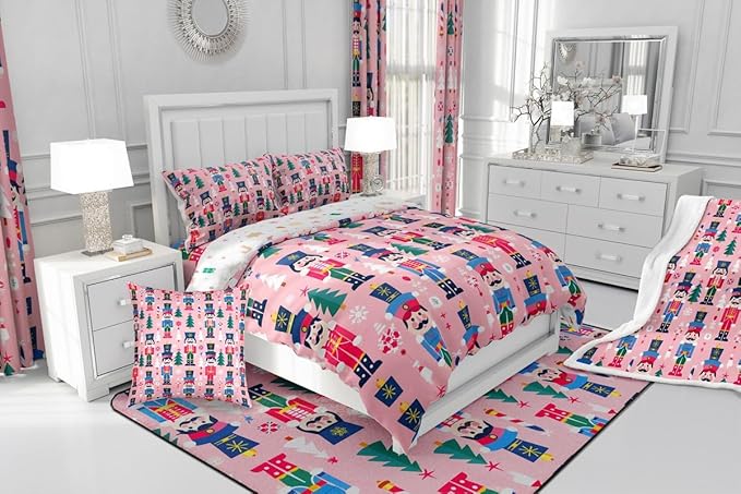 Feelyou Cute Nutcracker Kids Comforter Set Queen Christmas Tree Bedding Set Xmas Snowflake Duvet Quilt for Kids Boys Girls Bedroom Colorful Soldier Decor Candy-Cane Designs Microfiber Soft Breathable