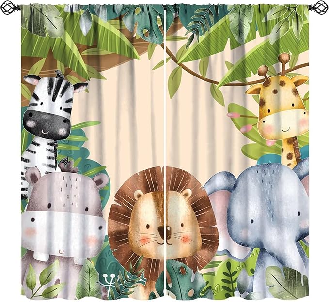 Jungle Animals Curtains Colorful Forest Cartoon Wildlife Lion Giraffe Elephant for Kids Boys Girls Nursery Bedroom Living Room Blackout Rod Pocket Decoration Window Drapes 2 Panels W42xL84in