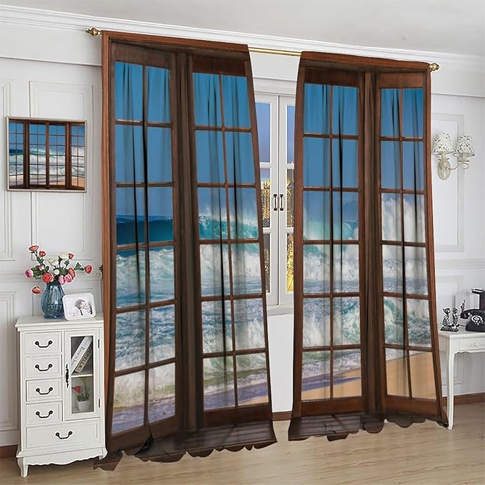 Ocean Beach Curtains,Waves Crashed Beach Hawaiian Seaside Scene Pattern Blackout Print Home Bedroom Living Room Window Treatments 2 Panel Set 84x84 Inch