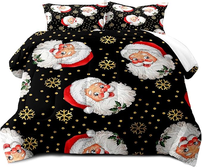 LUVIVIHOME 2PCS Merry Christmas Comforter Set Twin Size, Gold Snowflake Funny Cute Santa Claus Bedding, Christmas Bedroom Decor, Soft Breathable Microfiber Black Quilt, Xmas Gifts, 1 Pillow Sham