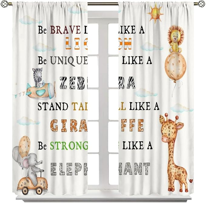 Cartoon Animals Curtains, Cute Jungle Animal Zebra Elephant Lion Giraffe Blackout Window Treatments, Rod Pocket Thermal Insulated Drapes 2 Panel Sets for Kids Bedroom Nursery Classroom, 42"W X 63"L