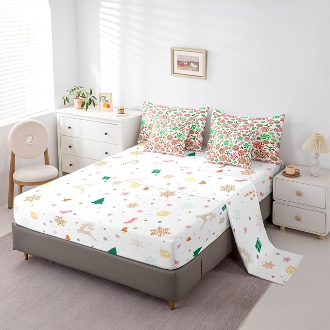 Christmas Candy Comforter Set With Sheets 7 Piece Queen Size Cute Bow Bed in a Bag Kids Boys Girls Red and Green Sweet Bedding Set Reversible Xmas Decor Bedroom Decor Breathable Soft Lightweight