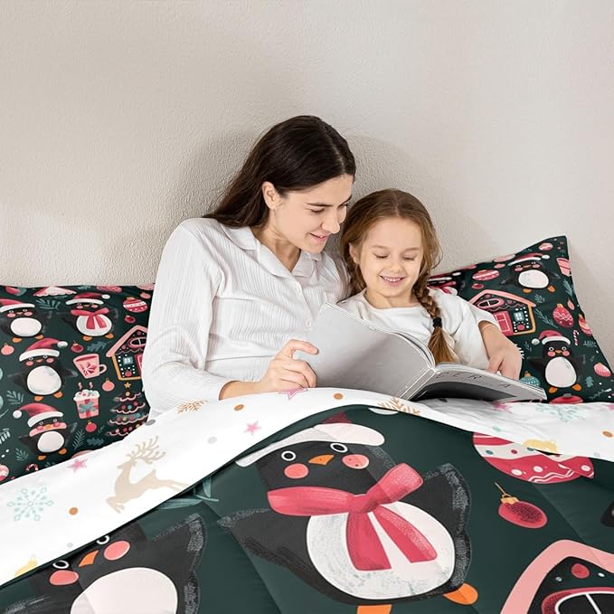 Feelyou Christmas Kids Comforter Set Twin Size Xmas Tree Ball Bedding Set Penguin Duvet Quilt for Kids Boys Girls Bedroom Gingerbread Houses Decor Microfiber Ultra Soft Breathable