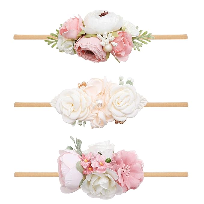 Baby Girl Nylon Headbands Flower Hair Bows Accessories-Elastic Hair Band Crown Handmade FLoral Wraps Birthday Gifts for Girls Newborn Infant Toddler 3Pcs