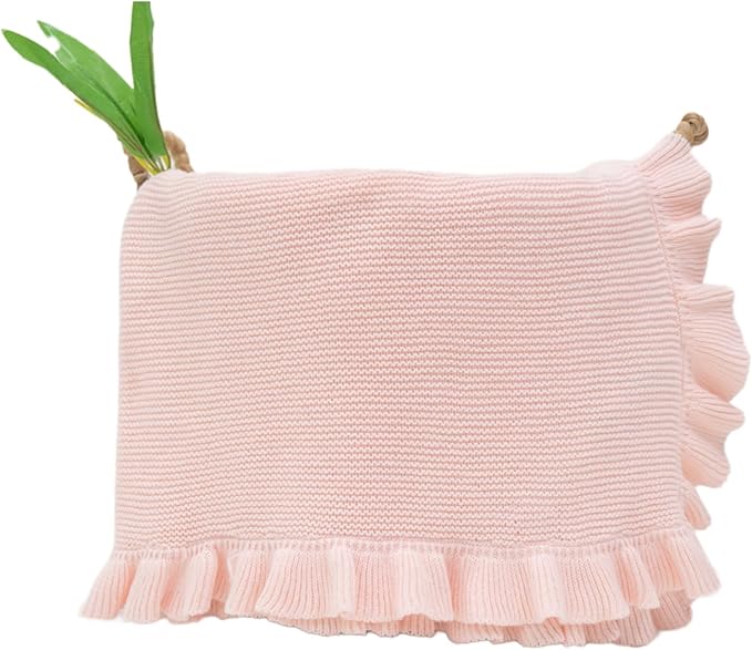 Cotton Baby Blanket with Ruffle Edge Soft Breathable Newborn Blanket for Boys & Girls, Lightweight Knit Throw for Crib, Stroller & Nursery Multiple Colors Available Pink 30x40