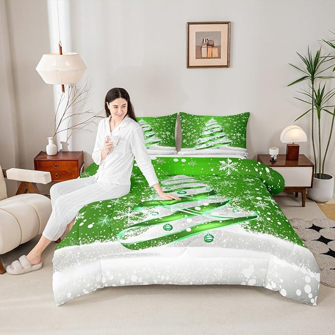 Feelyou Merry Christmas Comforter Set All Season Christmas Tree Bedding Set with 2 Pillow Cases Snowflake Microfiber Kids Full Bedclothes Winter Bedroom Decor Duvet Quilt Breathable Soft