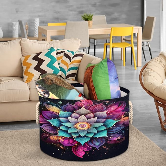 Galaxy Ethnic Mandala Round Storage Basket for Laundry & Toys, Lightweight Fabric Laundry Hamper with Handles, Foldable Large Organizer Bin for Bedroom Bathroom Nursery Dorm