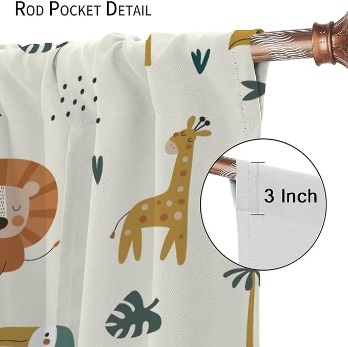 Cute Lion Window Curtains for Kids Bedroom,Cartoon Woodland Jungle Forest Wildlife Little Lion Giraffe Owl Palm Tree Printed Pattern Blackout Drapes for Living Room Baby Nursery Room 63x72in