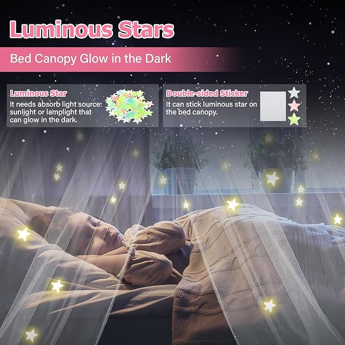 Bed Canopy with Lights, Bed Canopy for Girls Princess with Luminous Stars, Canopy Bed Curtains for Twin to King Size Bed, Baby Kids Adult Indoor Decor Bedroom Reading Nook Outdoor Camping, White