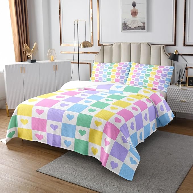 Manfei Cute Love Heart Kids Bedspread Twin Size,Colorful Geometric Plaids Grids Squares Coverlet Set,Girls Women Room Decor,Couple Valentine's Day Quilted Coverlet,Chic Bedding Quilt,1 Pillowcase