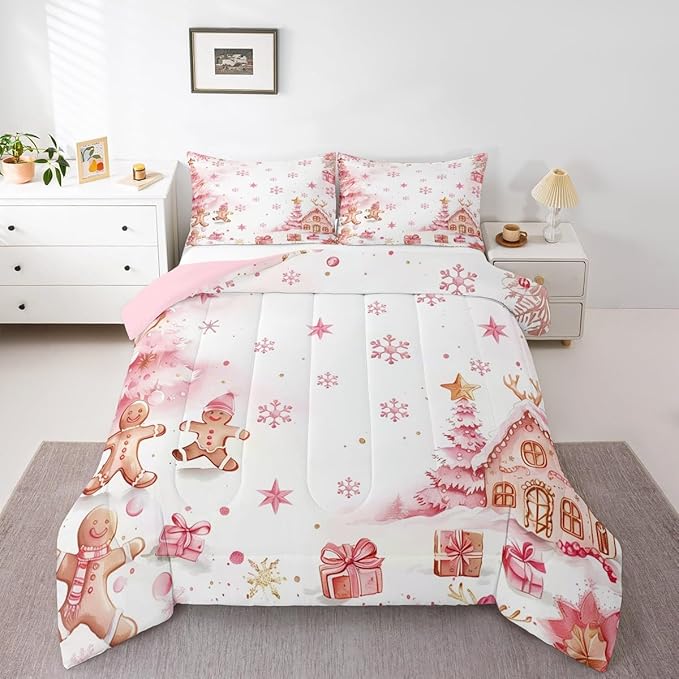 jejeloiu Kids Christmas Theme Comforter Set Full Size Pink Xmas Gingerbread Man Bedding Set for Boys Girls Teens Candy House Snowflake Winter Happy New Year Duvet Quilt Room Decor
