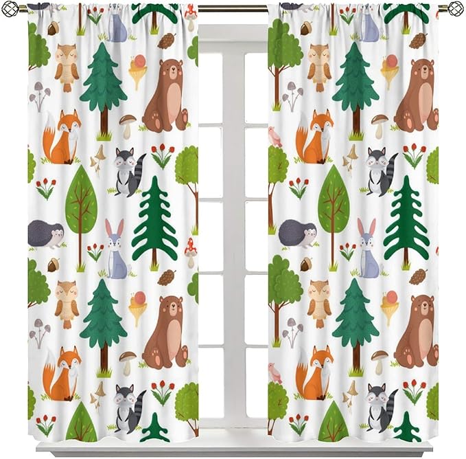 Jungle Animal Curtains, Woodland Animals Forest Pattern Blackout Window Treatments, Rod Pocket Thermal Insulated Drapes 2 Panel Sets for Kids Room Nursery Classroom, 63" W X 63" L