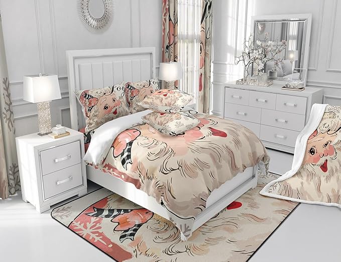 jejeloiu Pink Christmas Bedding Set for Kids Boys Girls Santa Claus Comforter Cover Set Full Size New Year Decor Duvet Cover Bedroom Decor Xmas Bedspread Cover Bedding Collection 3Pcs