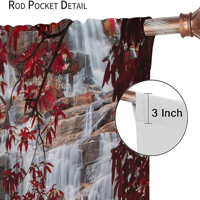 Waterfall Blackout Windows Curtains, Waterfall Red Forest Pattern Nature View Curtains, for Living Room Bedroom 52x84in 2 Panels