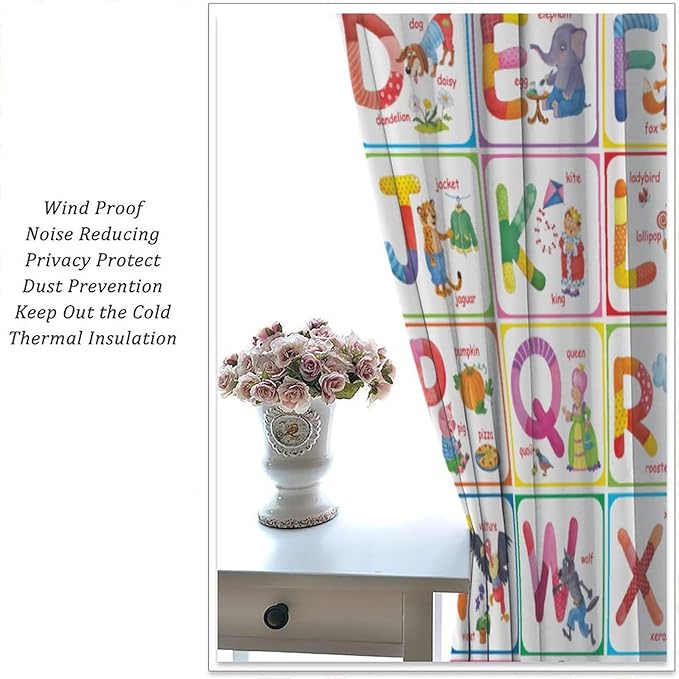 Kids Alphabet Curtains Cartoon Animal Funny Education Learning Curtain with Rod Pocket for Bedroom Nursery Children Toddler Decor Drapes Window Treatments 2 Panels Set 72" W X 63" L