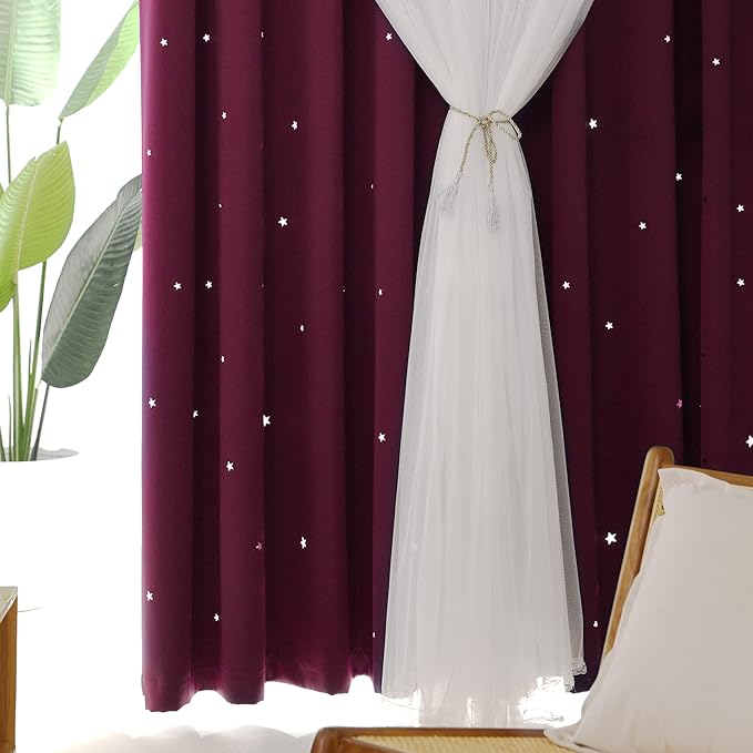 Kinryb Kids Blackout Curtains for Bedroom/Living Room/Classroom, Sheer Overlay 2 Free Tiebacks, Double Layer Curtains with Star Cutout for Kids Room(Each Piece W 70 x L 95 Inches 2 Pcs Red)