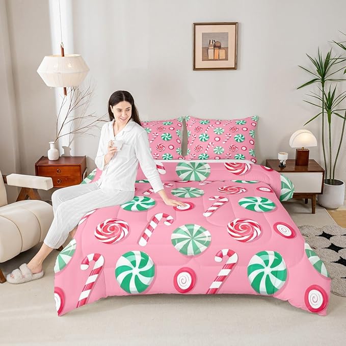 Feelyou Christmas Comforter Set Queen Size Candy Bedding Set for Kids Boys Girls Xmas Theme Duvet Quilt Bedroom Decor Microfiber 3 Pcs with 2 Pillow Cases